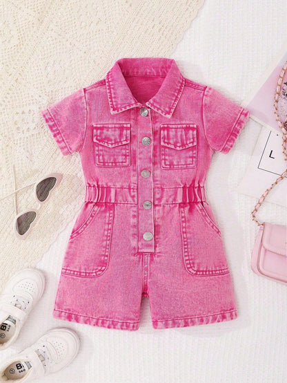 Baby Girl Personalized Versatile Comfortable Casual Vacation Fashion Street Pink Washed Soft Non-Stretch Sleeveless Short Romper Lightweight Summer