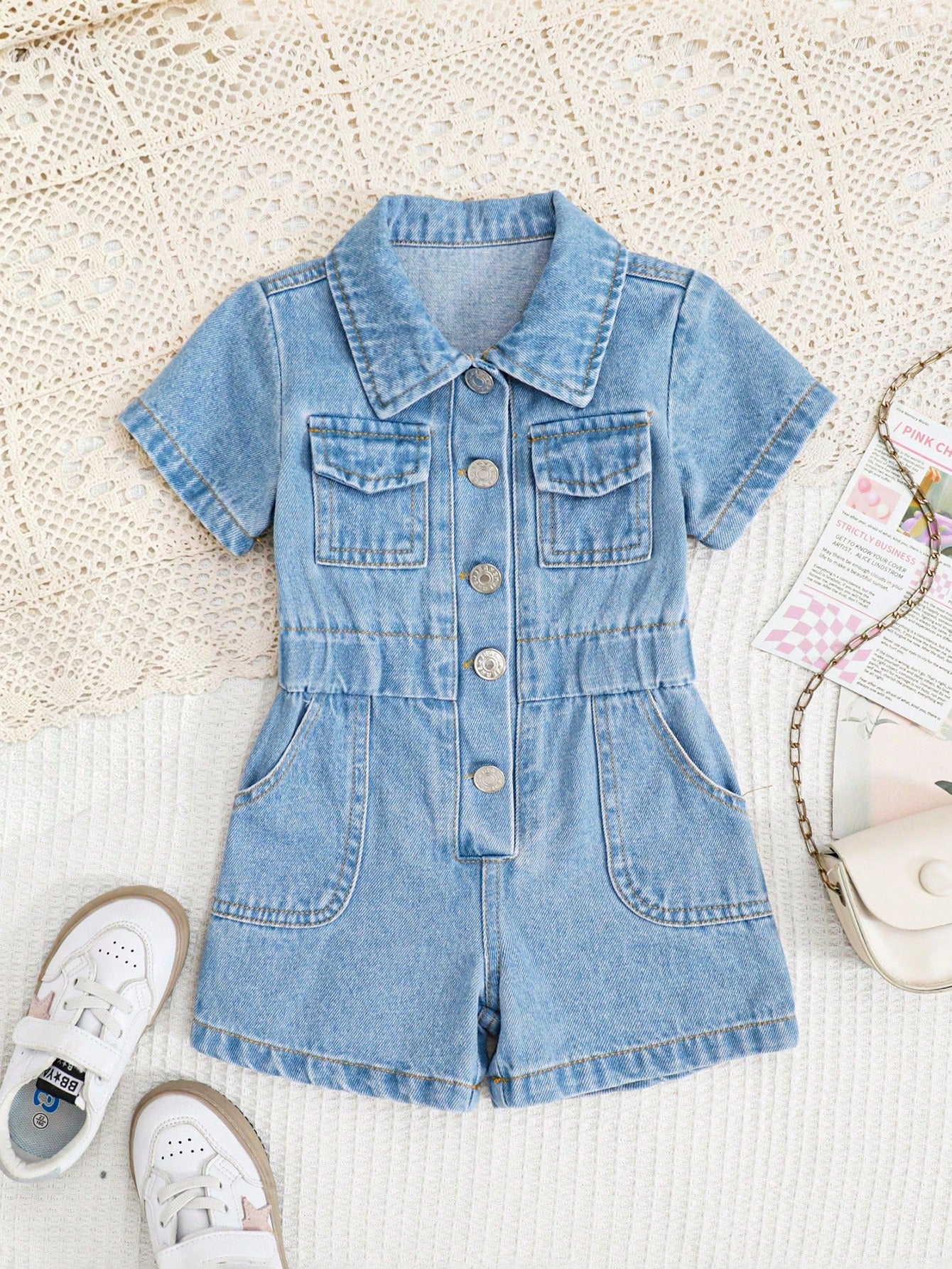 Baby Girl Personalized Versatile Comfortable Casual Vacation Fashion Street Pink Washed Soft Non-Stretch Sleeveless Short Romper Lightweight Summer