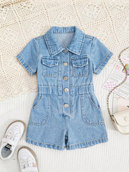 Baby Girl Personalized Versatile Comfortable Casual Vacation Fashion Street Pink Washed Soft Non-Stretch Sleeveless Short Romper Lightweight Summer