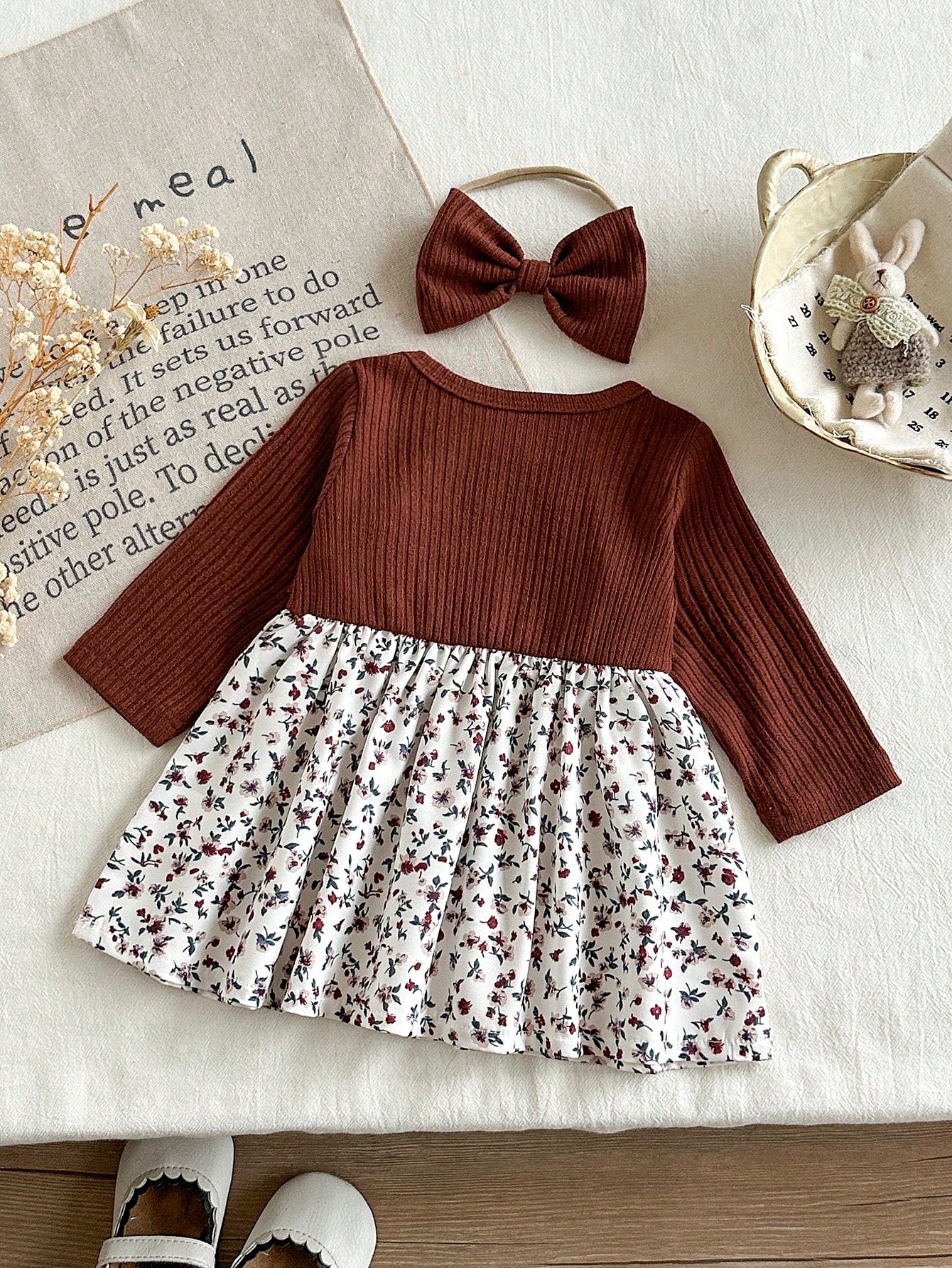 Baby Girl Pink Long Sleeved Patchwork Floral Bow Dress With Headband Newborn Autumn Floral Outfits