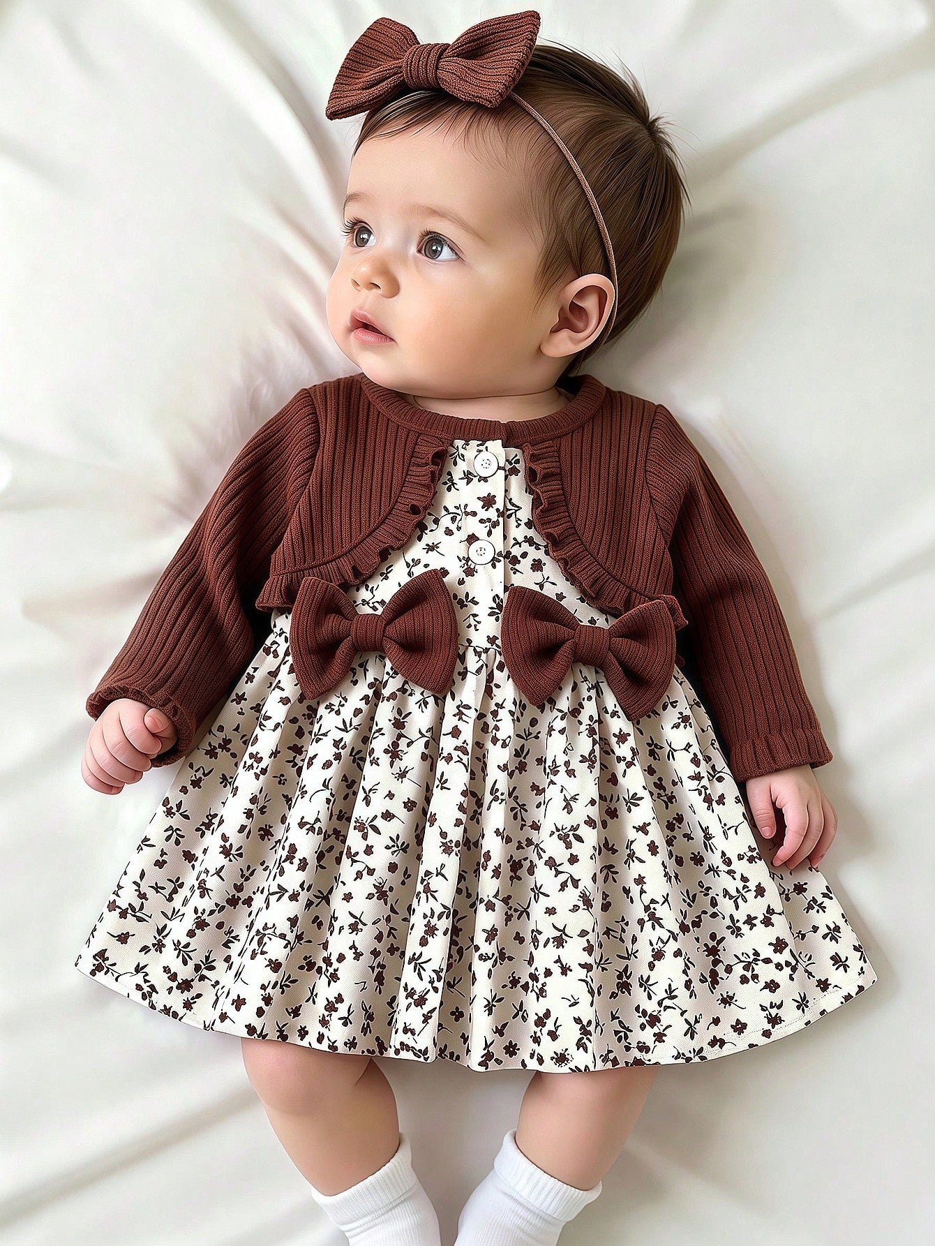 Baby Girl Pink Long Sleeved Patchwork Floral Bow Dress With Headband Newborn Autumn Floral Outfits