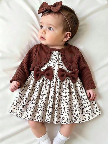 Baby Girl Pink Long Sleeved Patchwork Floral Bow Dress With Headband Newborn Autumn Floral Outfits