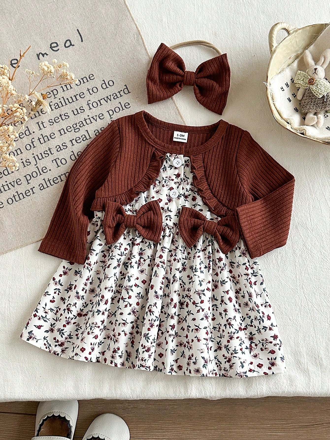 Baby Girl Pink Long Sleeved Patchwork Floral Bow Dress With Headband Newborn Autumn Floral Outfits