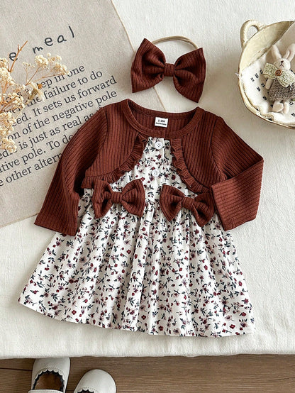 Baby Girl Pink Long Sleeved Patchwork Floral Bow Dress With Headband Newborn Autumn Floral Outfits