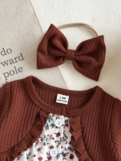 Baby Girl Pink Long Sleeved Patchwork Floral Bow Dress With Headband Newborn Autumn Floral Outfits