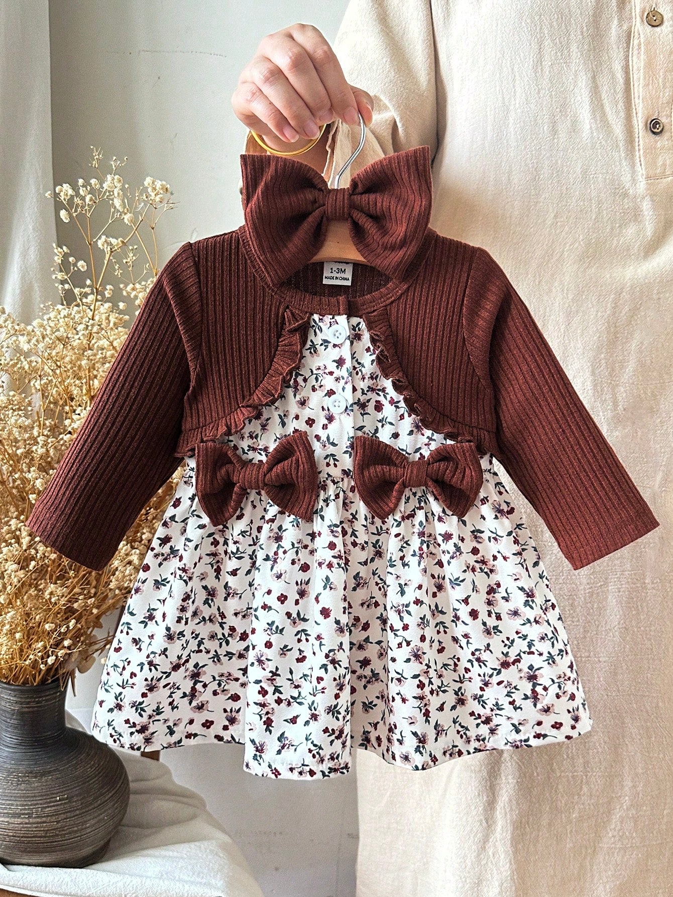 Baby Girl Pink Long Sleeved Patchwork Floral Bow Dress With Headband Newborn Autumn Floral Outfits