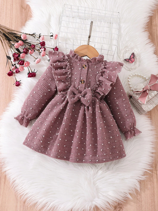Baby Girl Polka Dot Ruffle Trim Flounce Sleeve Bow Front Dress