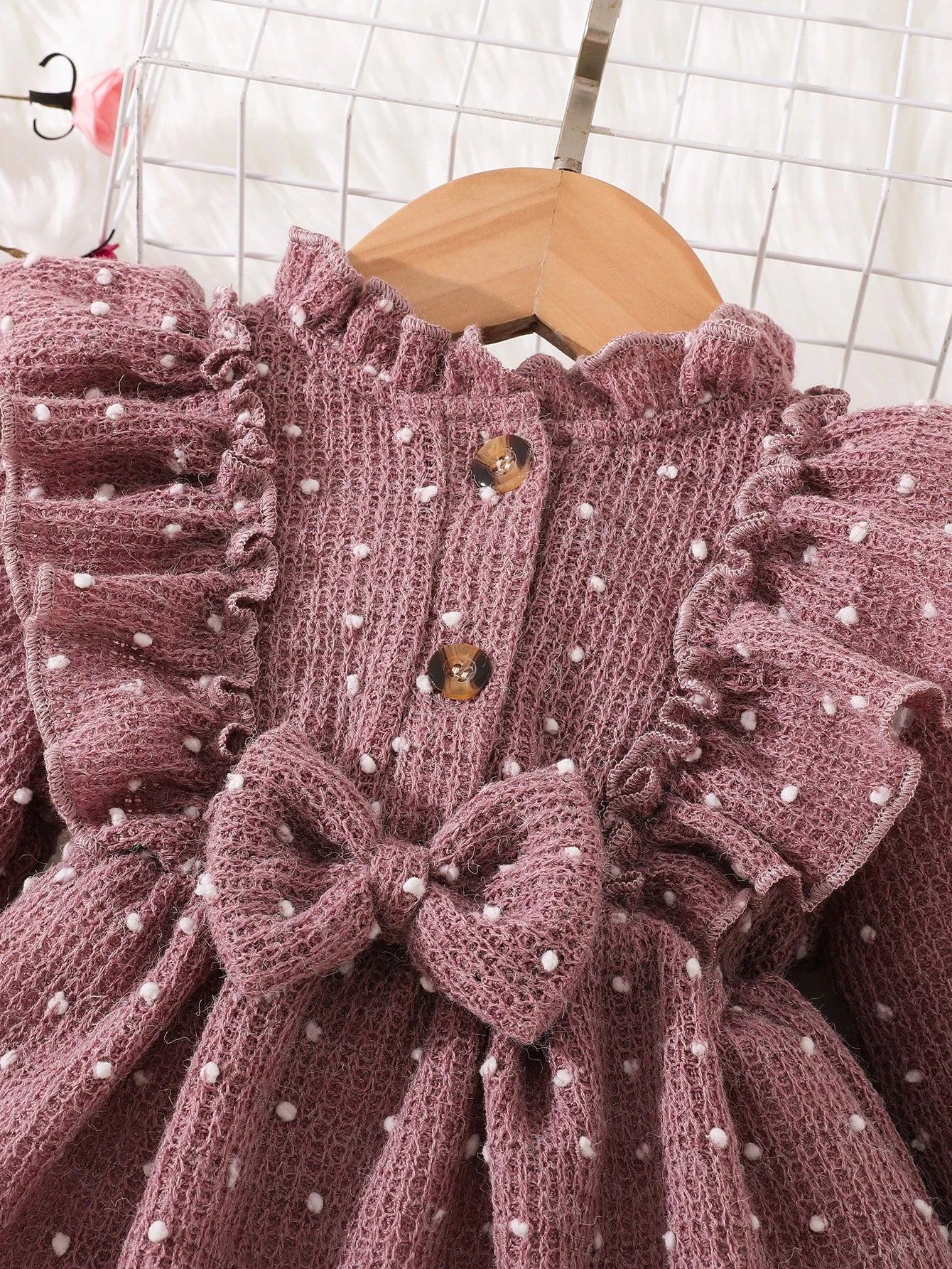 Baby Girl Polka Dot Ruffle Trim Flounce Sleeve Bow Front Dress