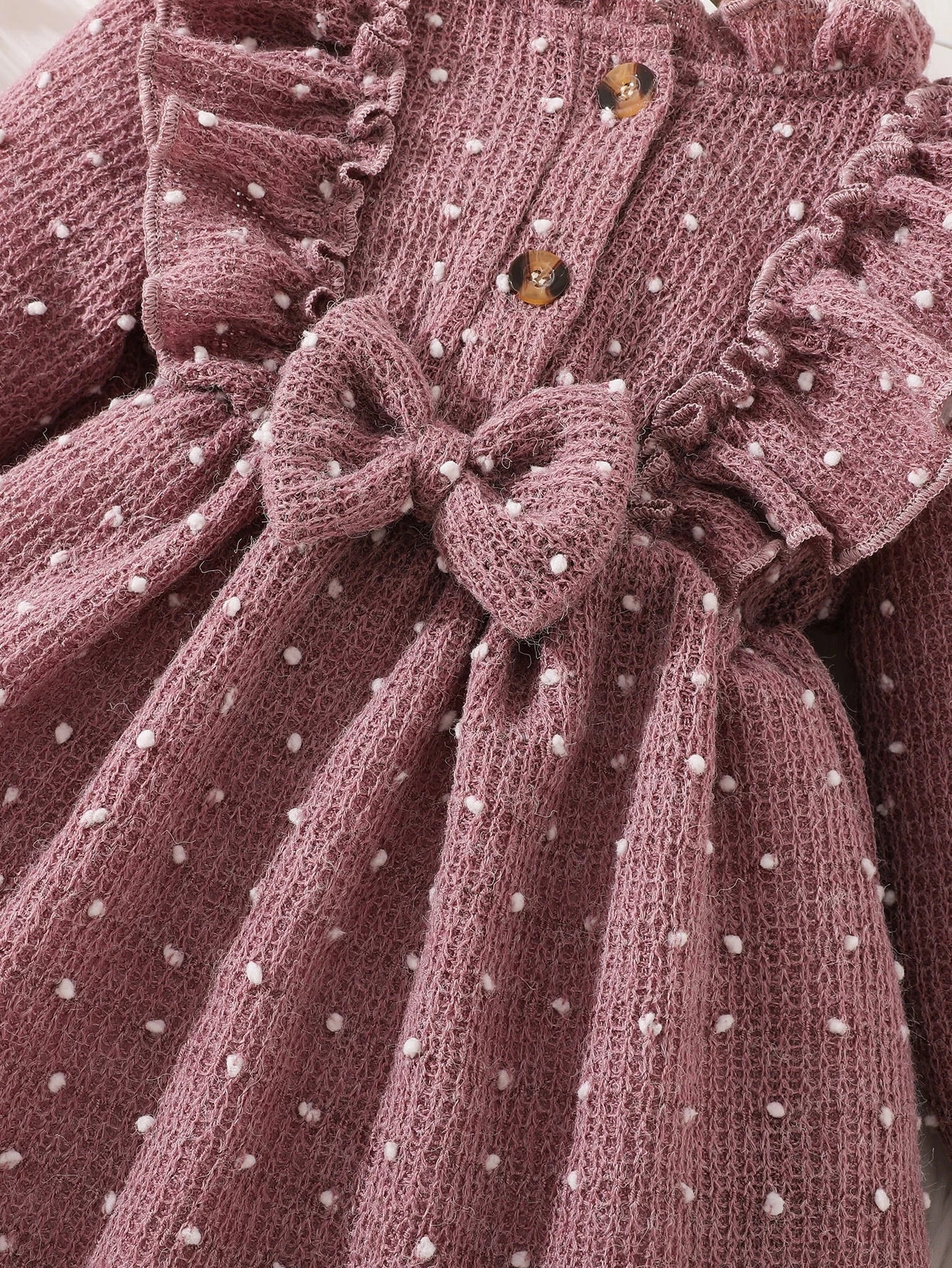 Baby Girl Polka Dot Ruffle Trim Flounce Sleeve Bow Front Dress