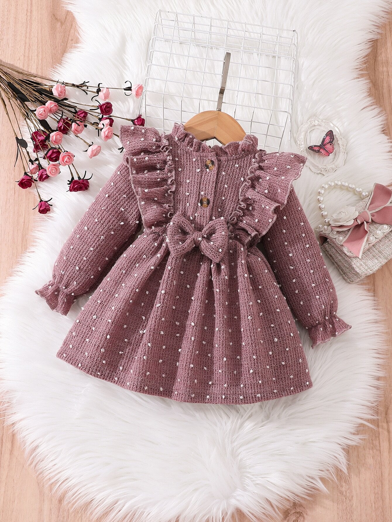 Baby Girl Polka Dot Ruffle Trim Flounce Sleeve Bow Front Dress