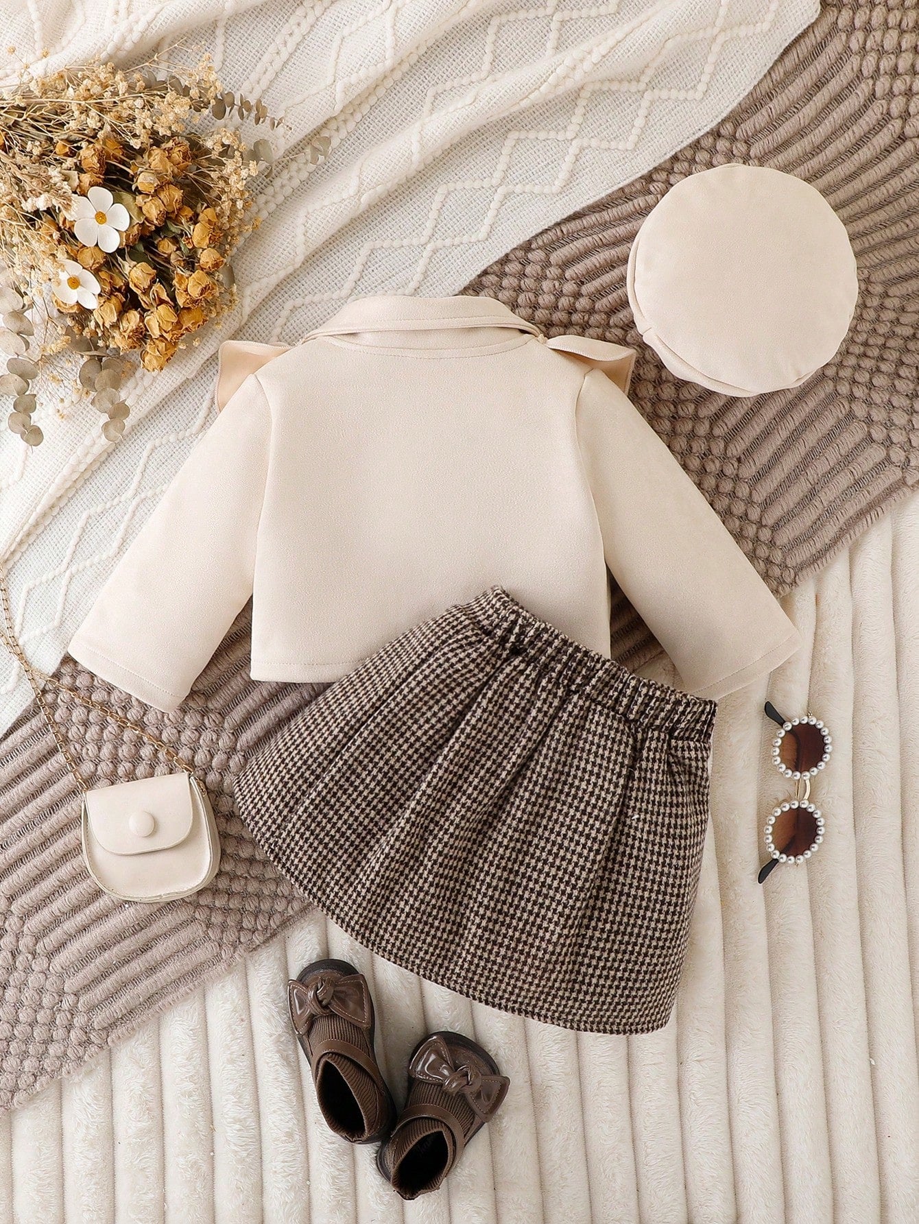 Baby Girl Ruffle Trim Jacket & Houndstooth Print Skirt & Hat, For Christmas