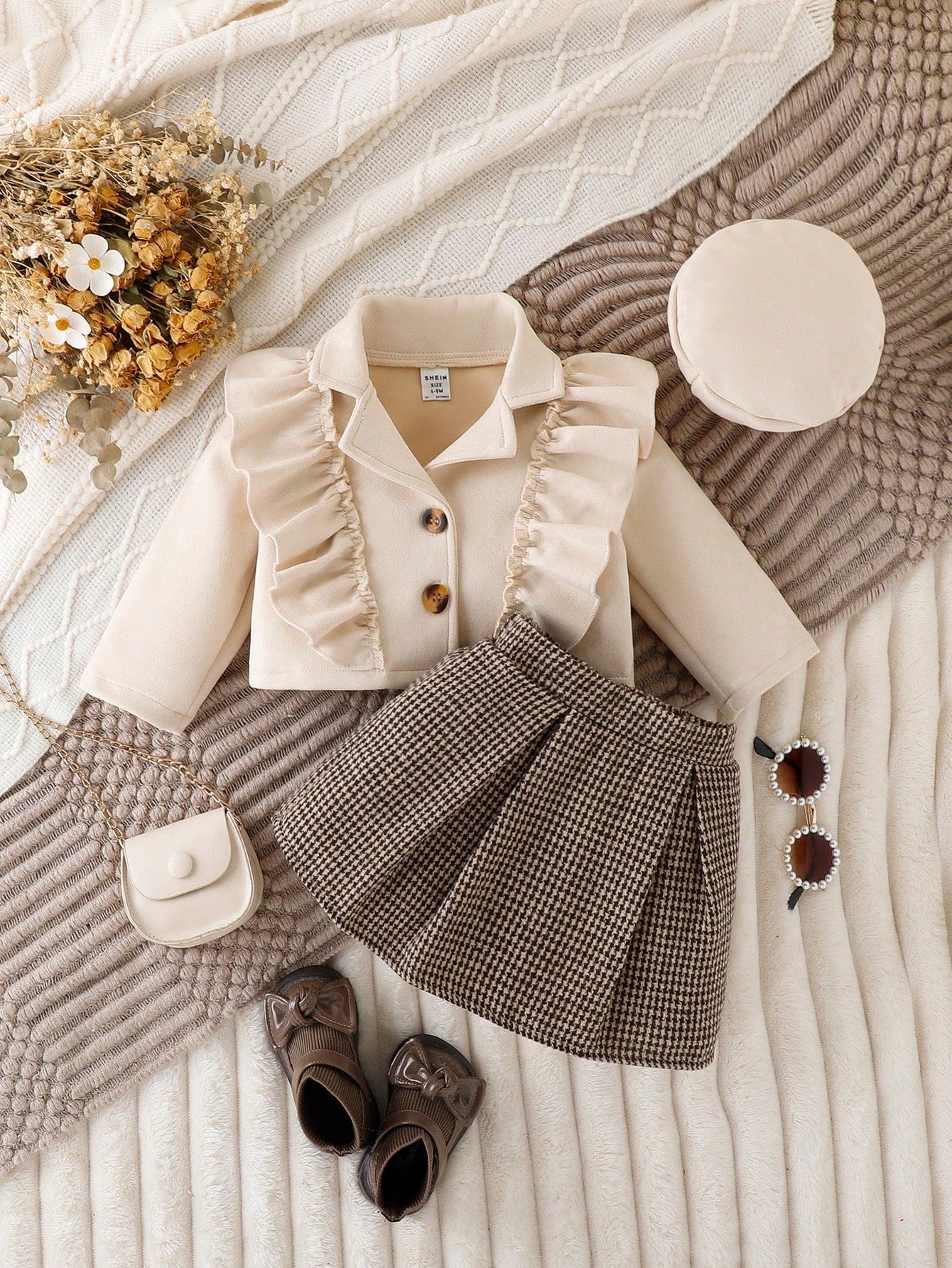Baby Girl Ruffle Trim Jacket & Houndstooth Print Skirt & Hat, For Christmas