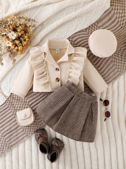 Baby Girl Ruffle Trim Jacket & Houndstooth Print Skirt & Hat, For Christmas