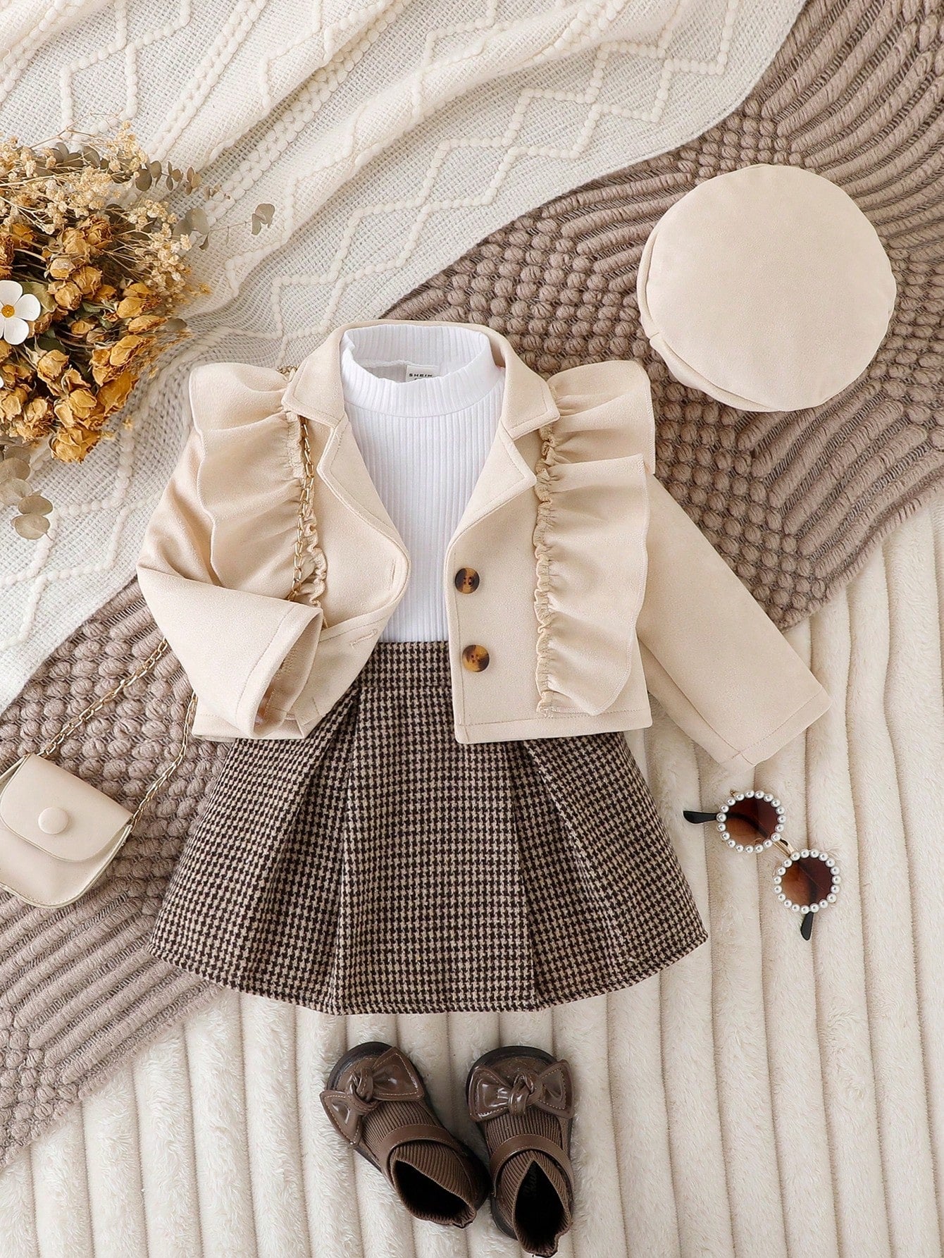 Baby Girl Ruffle Trim Jacket & Houndstooth Print Skirt & Hat, For Christmas