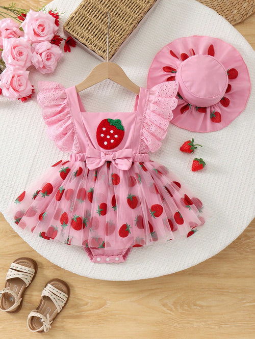 Baby Girl's Sleeveless Ruffled Shoulder Strap Strawberry Print Bow Decor Double Layer Tulle Bodysuit & Hat Set