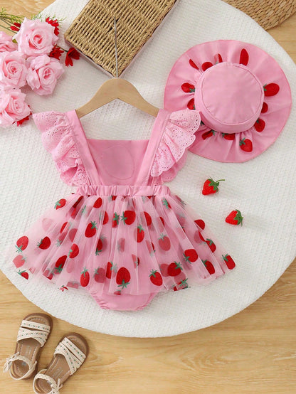 Baby Girl's Sleeveless Ruffled Shoulder Strap Strawberry Print Bow Decor Double Layer Tulle Bodysuit & Hat Set