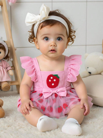 Baby Girl's Sleeveless Ruffled Shoulder Strap Strawberry Print Bow Decor Double Layer Tulle Bodysuit & Hat Set