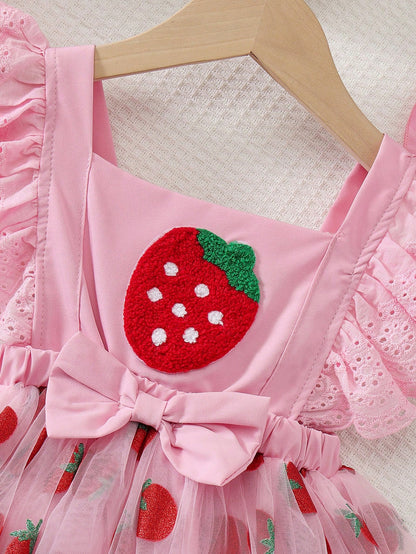 Baby Girl's Sleeveless Ruffled Shoulder Strap Strawberry Print Bow Decor Double Layer Tulle Bodysuit & Hat Set