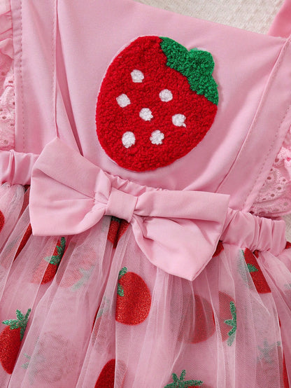 Baby Girl's Sleeveless Ruffled Shoulder Strap Strawberry Print Bow Decor Double Layer Tulle Bodysuit & Hat Set