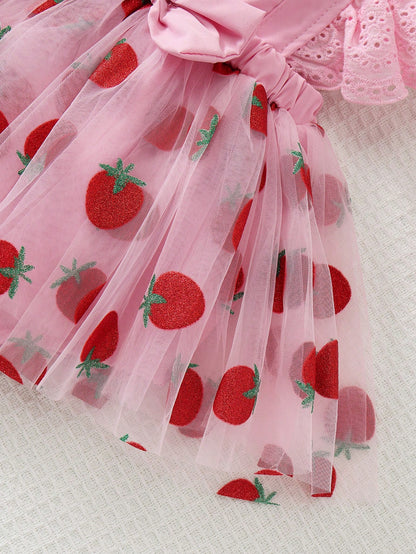 Baby Girl's Sleeveless Ruffled Shoulder Strap Strawberry Print Bow Decor Double Layer Tulle Bodysuit & Hat Set