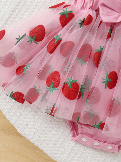 Baby Girl's Sleeveless Ruffled Shoulder Strap Strawberry Print Bow Decor Double Layer Tulle Bodysuit & Hat Set