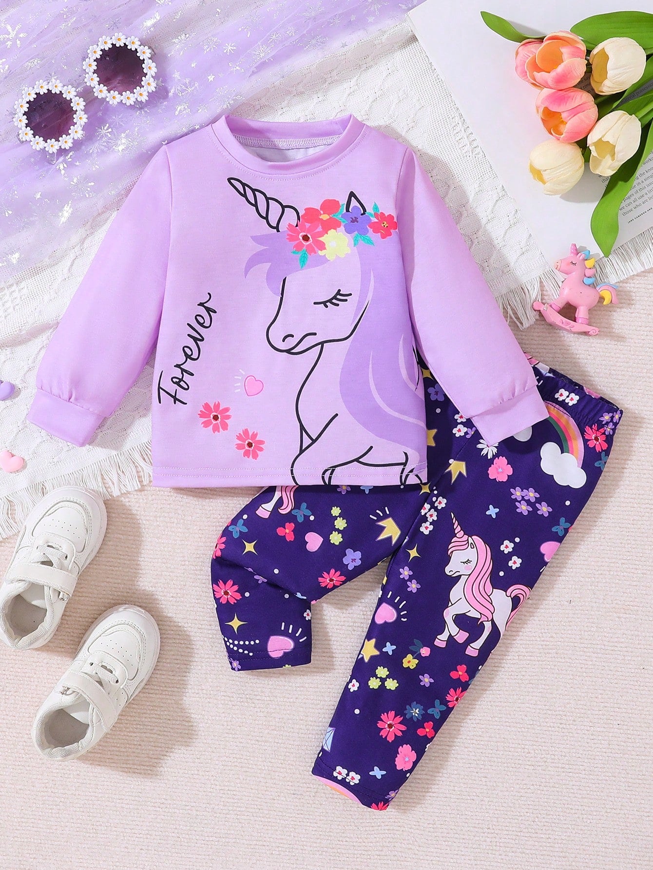 Baby Girl Unicorn Print Round Neck Long Sleeve Casual T-Shirt And Legging CutePurpleKnitCoordinatedEffortlessMix-And-Match Set