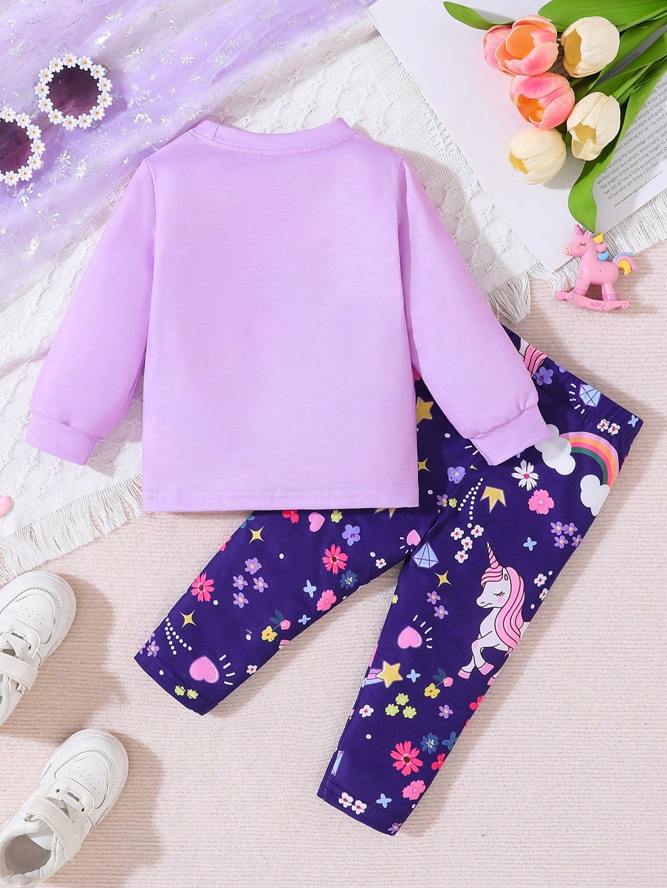 Baby Girl Unicorn Print Round Neck Long Sleeve Casual T-Shirt And Legging CutePurpleKnitCoordinatedEffortlessMix-And-Match Set