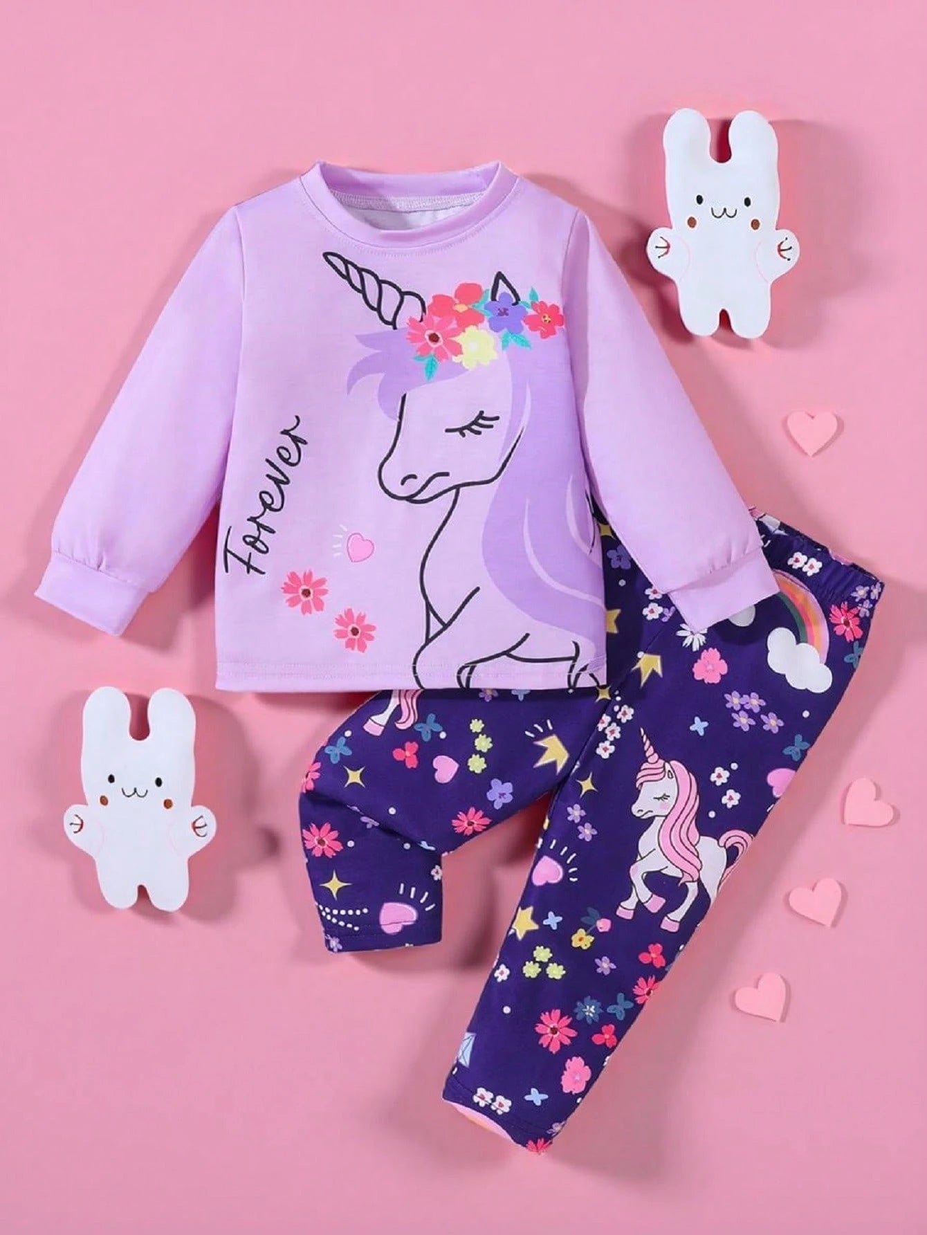 Baby Girl Unicorn Print Round Neck Long Sleeve Casual T-Shirt And Legging CutePurpleKnitCoordinatedEffortlessMix-And-Match Set