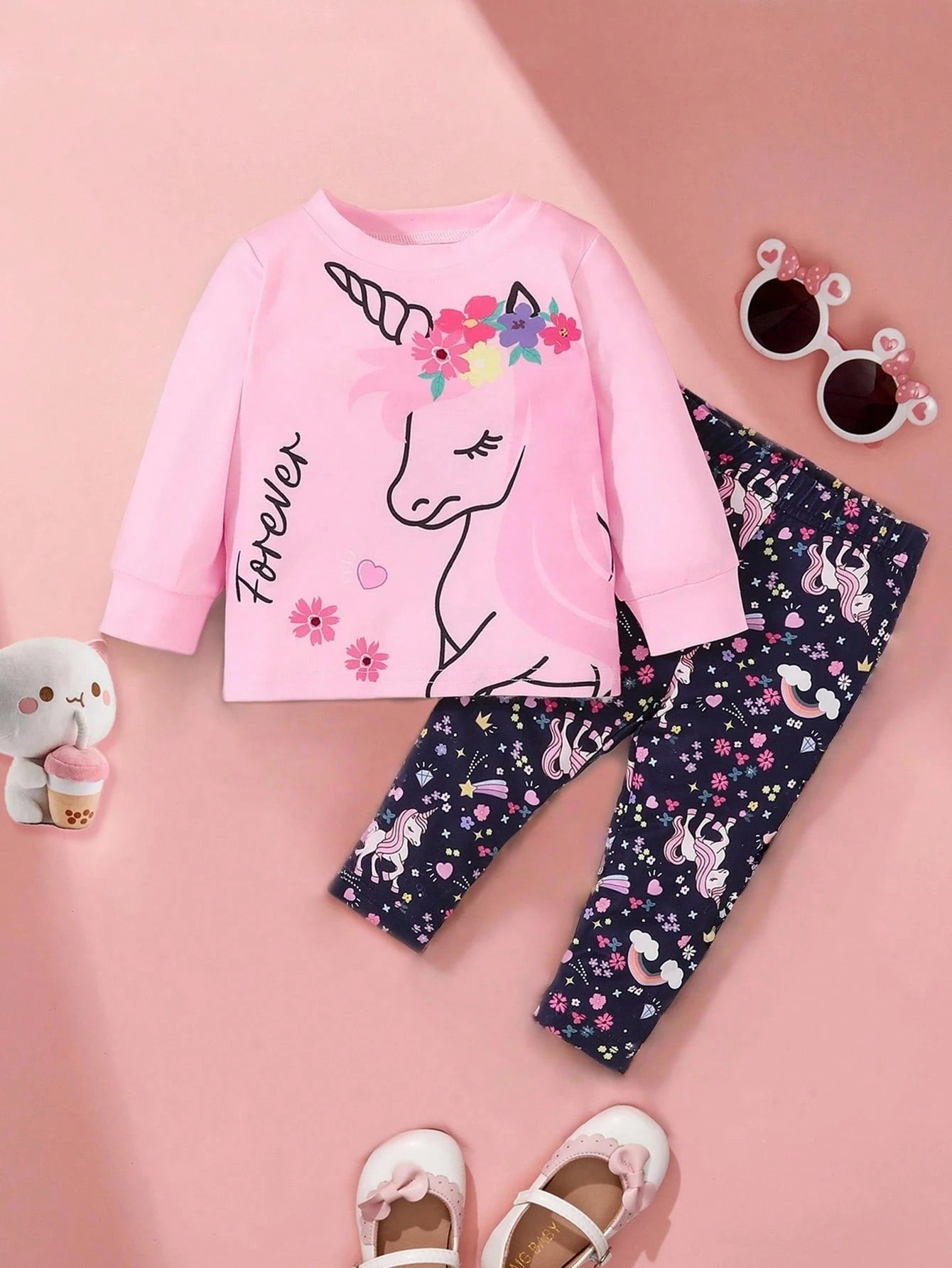 Baby Girl Unicorn Print Round Neck Long Sleeve Casual T-Shirt And Legging CutePurpleKnitCoordinatedEffortlessMix-And-Match Set