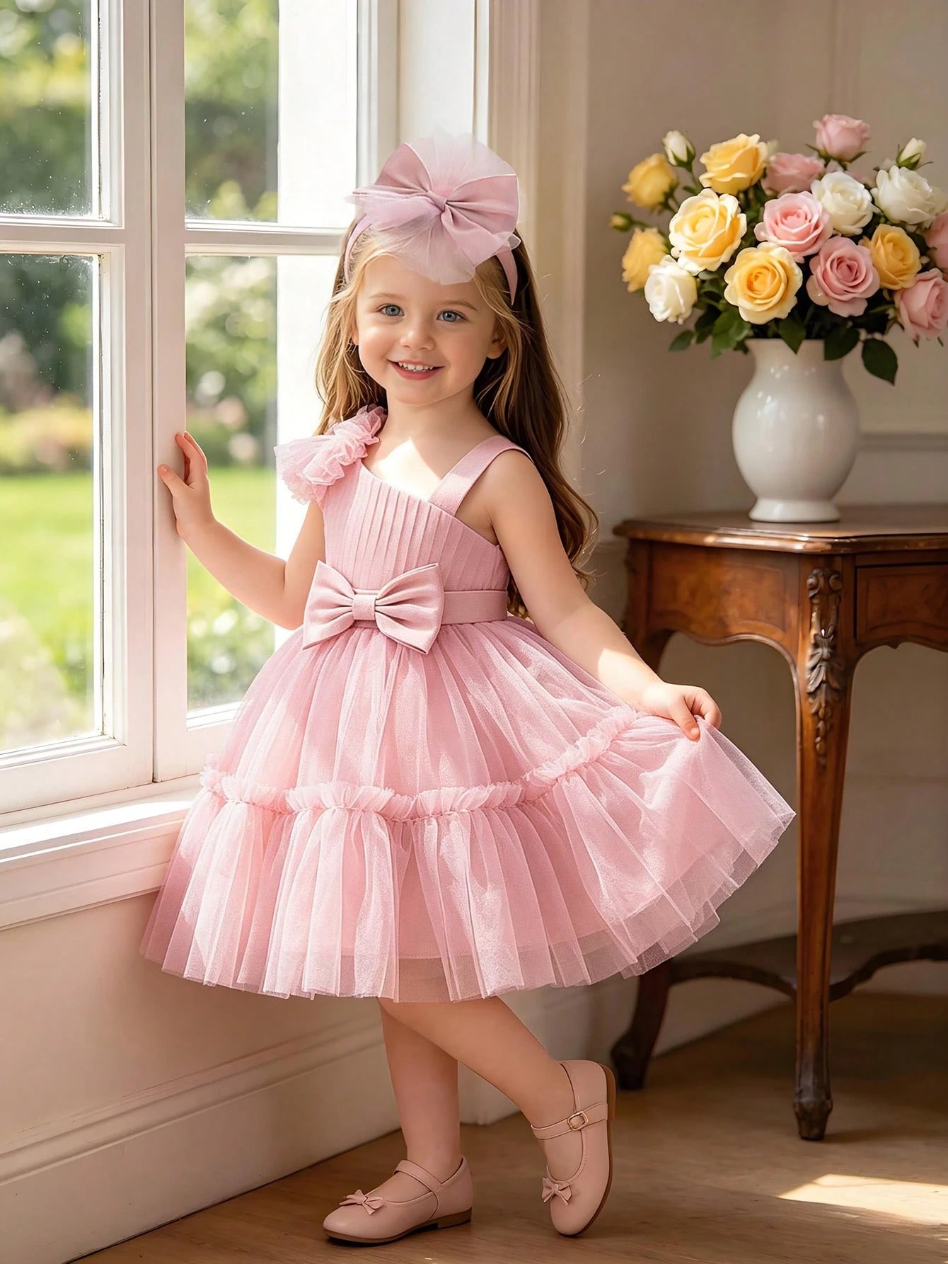 Baby Girls 3D Bow Mesh Flower Girl Dress, Suitable For Birthday, Comes With Matching Headband