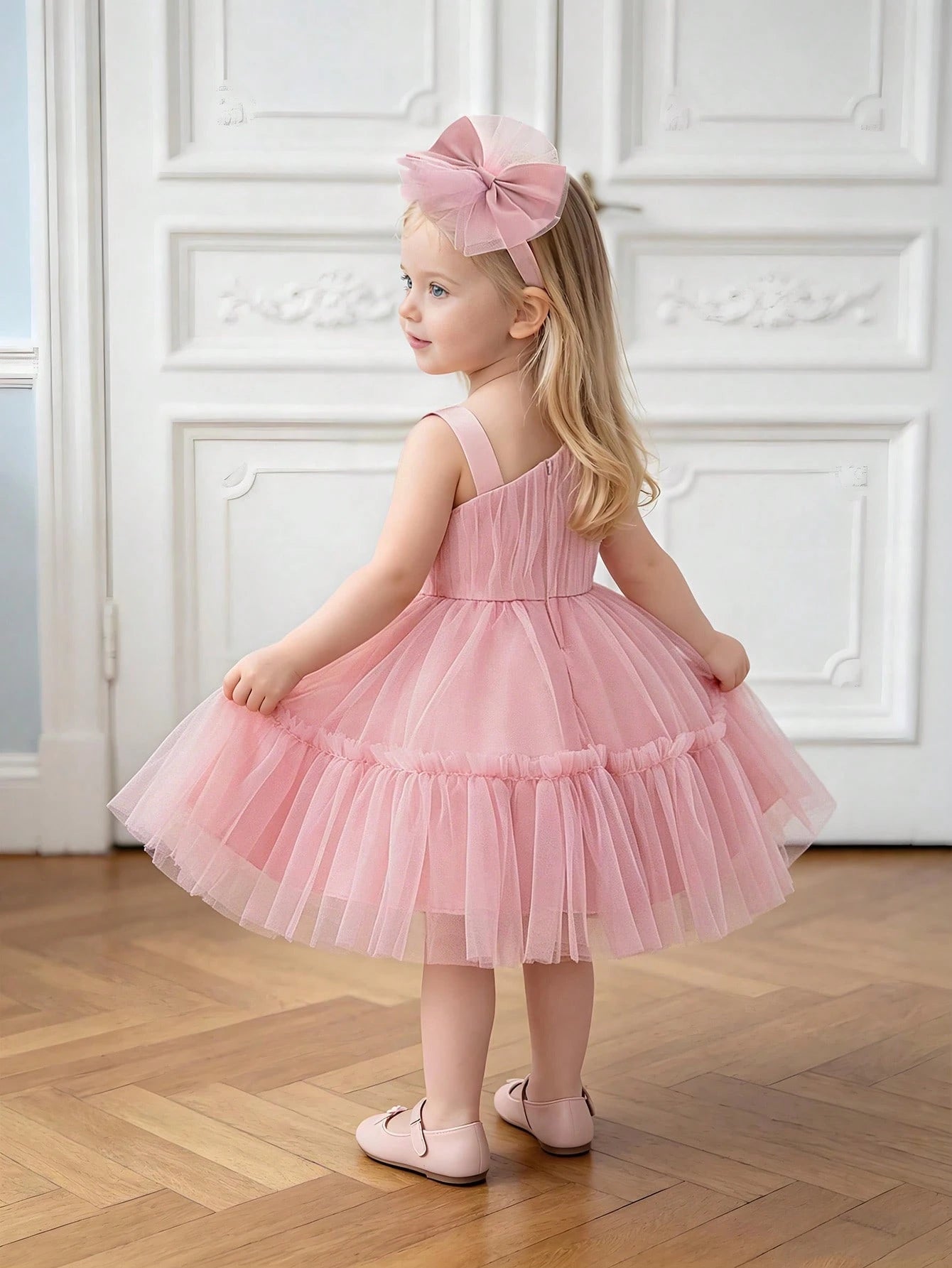 Baby Girls 3D Bow Mesh Flower Girl Dress, Suitable For Birthday, Comes With Matching Headband