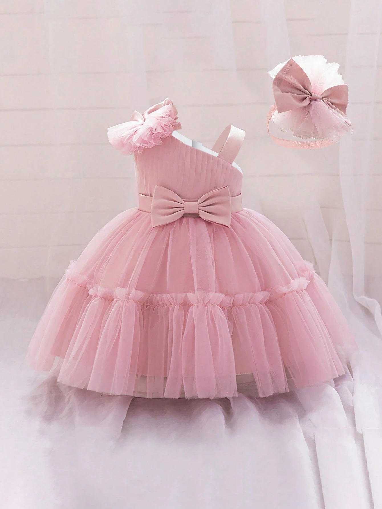 Baby Girls 3D Bow Mesh Flower Girl Dress, Suitable For Birthday, Comes With Matching Headband