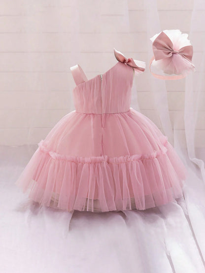 Baby Girls 3D Bow Mesh Flower Girl Dress, Suitable For Birthday, Comes With Matching Headband