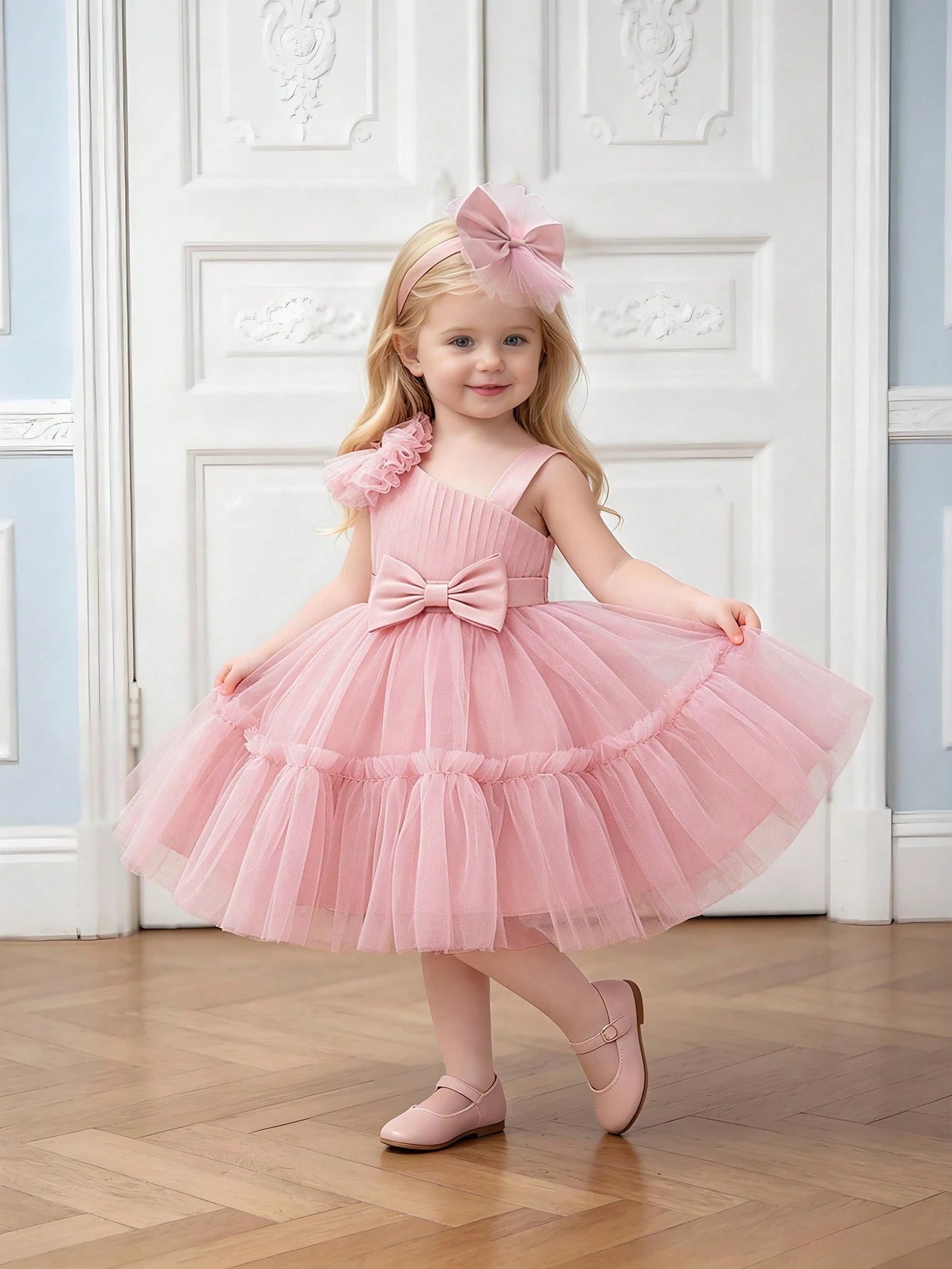 Baby Girls 3D Bow Mesh Flower Girl Dress, Suitable For Birthday, Comes With Matching Headband