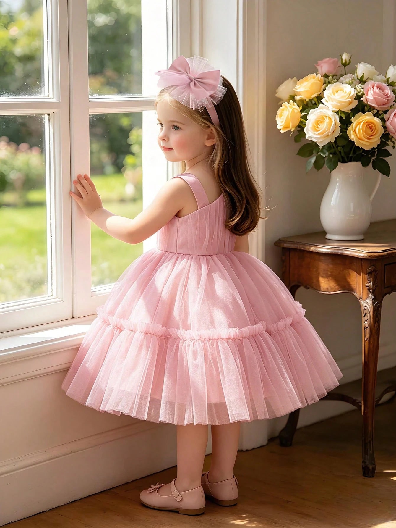 Baby Girls 3D Bow Mesh Flower Girl Dress, Suitable For Birthday, Comes With Matching Headband