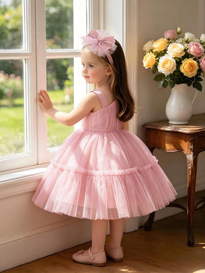 Baby Girls 3D Bow Mesh Flower Girl Dress, Suitable For Birthday, Comes With Matching Headband