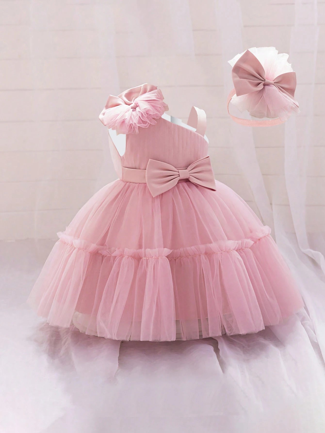 Baby Girls 3D Bow Mesh Flower Girl Dress, Suitable For Birthday, Comes With Matching Headband