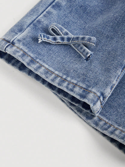 Baby Girls Cute Bowknot Decor Blue Denim Wide Leg Pants,Girl Fall And Winter Clothes