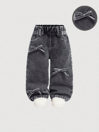 Baby Girls Cute Bowknot Decor Blue Denim Wide Leg Pants,Girl Fall And Winter Clothes