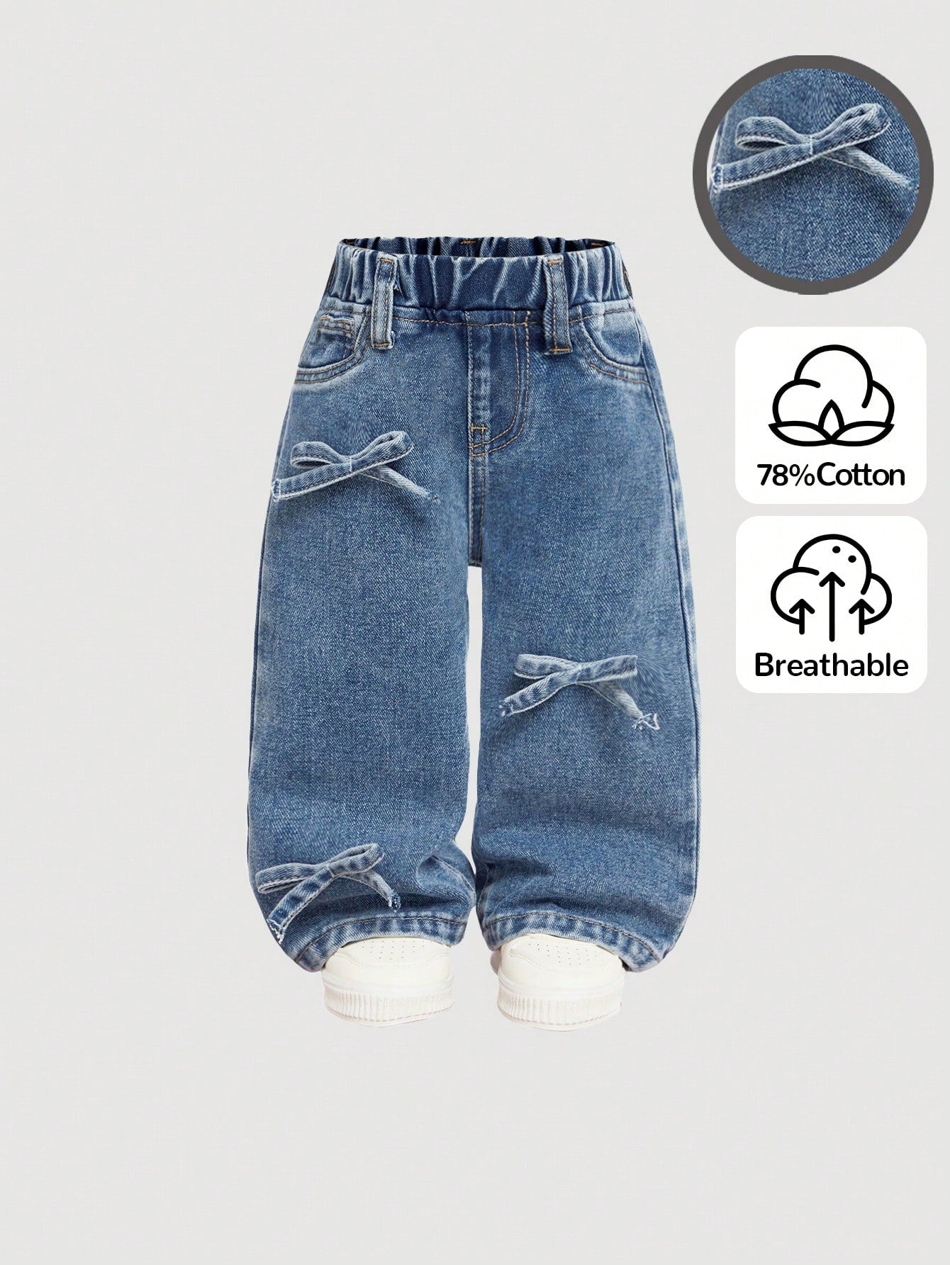 Baby Girls Cute Bowknot Decor Blue Denim Wide Leg Pants,Girl Fall And Winter Clothes