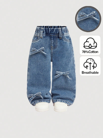 Baby Girls Cute Bowknot Decor Blue Denim Wide Leg Pants,Girl Fall And Winter Clothes