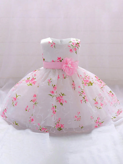Baby Girls Floral Print Glass Tulle Princess Dress Flower Girl Gown, Headband Not Included
