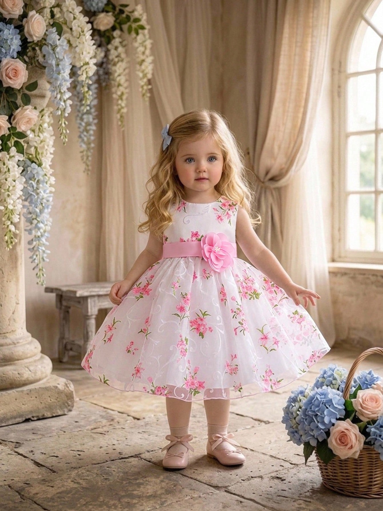 Baby Girls Floral Print Glass Tulle Princess Dress Flower Girl Gown, Headband Not Included