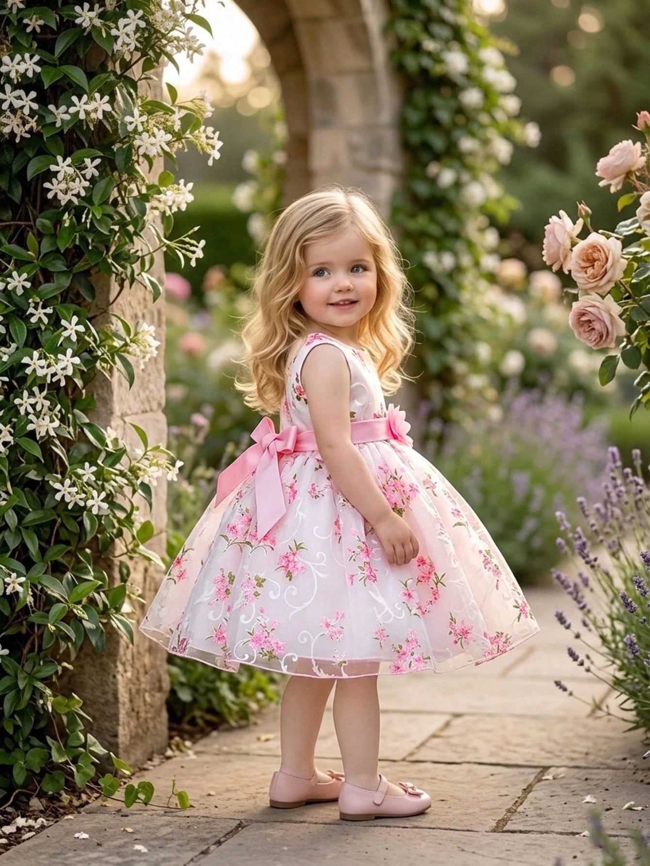 Baby Girls Floral Print Glass Tulle Princess Dress Flower Girl Gown, Headband Not Included