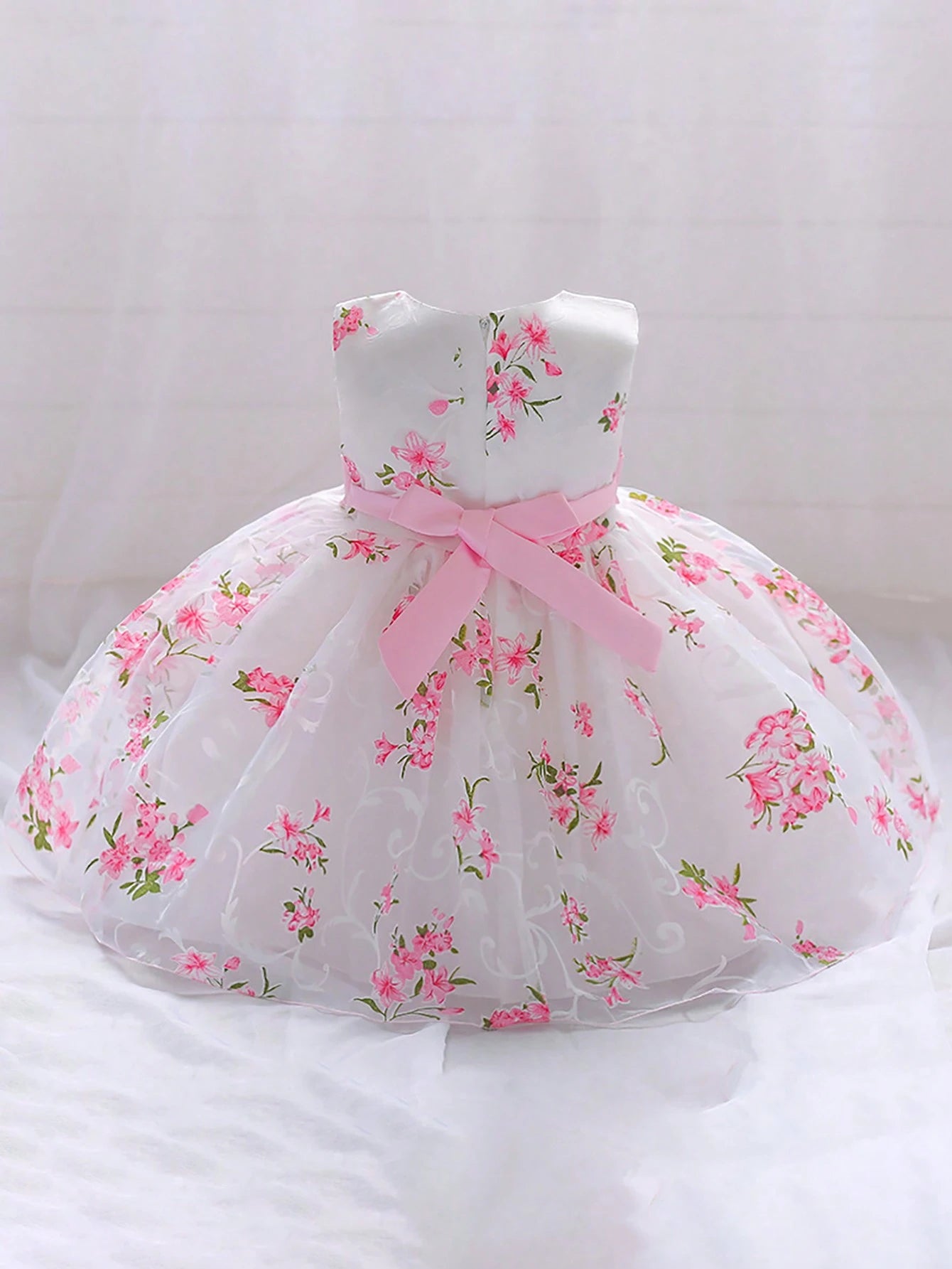 Baby Girls Floral Print Glass Tulle Princess Dress Flower Girl Gown, Headband Not Included