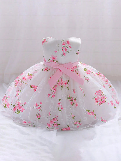 Baby Girls Floral Print Glass Tulle Princess Dress Flower Girl Gown, Headband Not Included