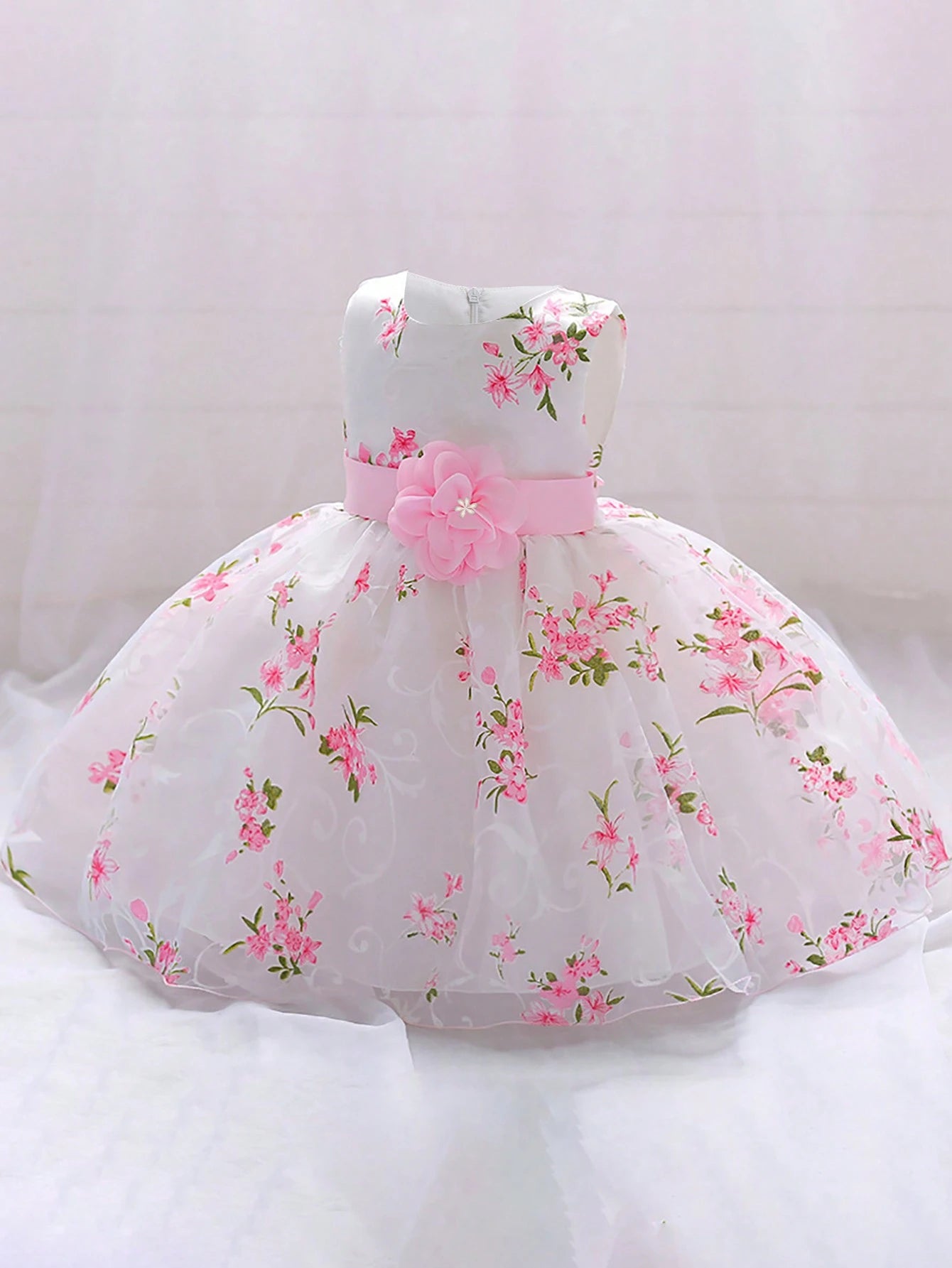 Baby Girls Floral Print Glass Tulle Princess Dress Flower Girl Gown, Headband Not Included