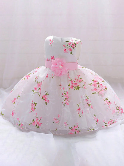 Baby Girls Floral Print Glass Tulle Princess Dress Flower Girl Gown, Headband Not Included