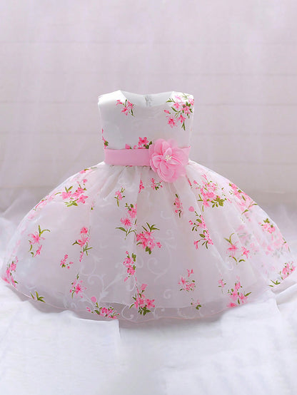 Baby Girls Floral Print Glass Tulle Princess Dress Flower Girl Gown, Headband Not Included