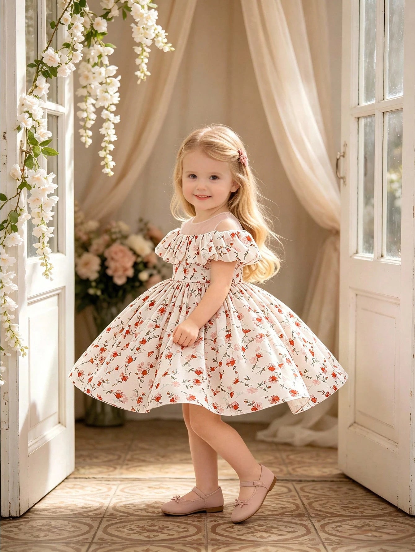 Baby Girls' Round Neck Floral Satin Princess Dress, Suitable For Flower Girl, Wedding, Birthday, Fabric Floral Pattern Random Cut, Headband Not Included